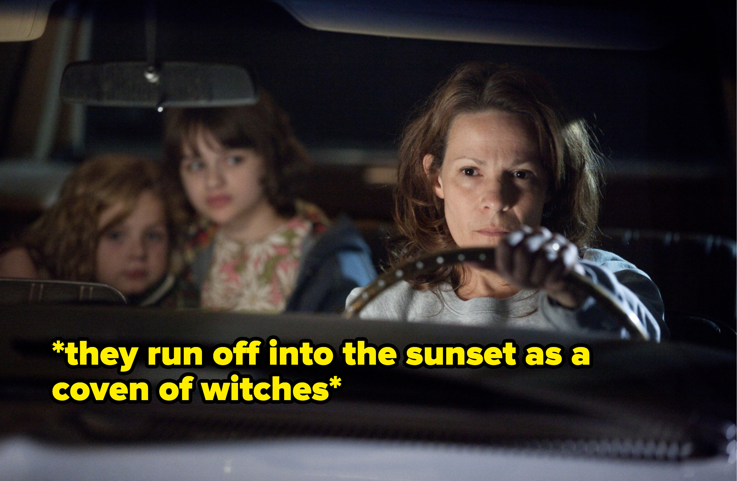 the mom in the conjuring driving with her two daughters in the backseat of the car