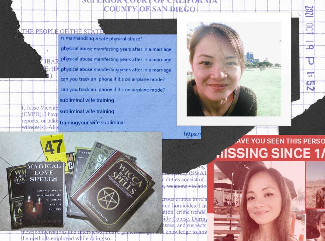 A photo collage shows a screengrab of google searches, a missing person flyer, and a pile of books titled &quot;magical love spells&quot; and &quot;wicca book of spells&quot;