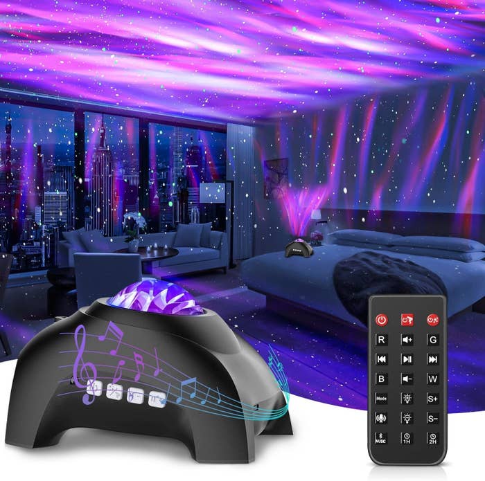 the light projector and the remote and a bedroom with the projector light on the walls