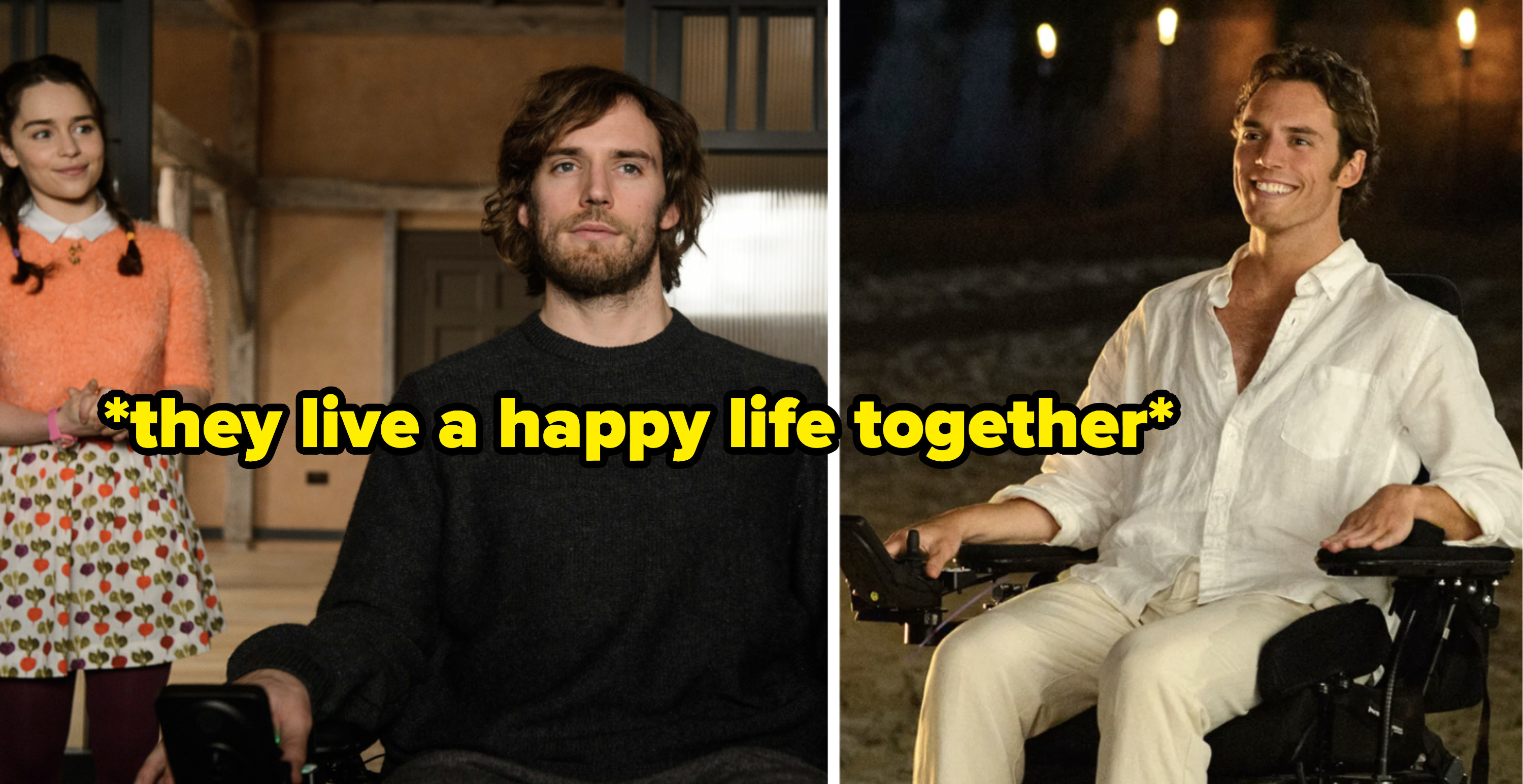 on the left, emilia clarke and sam claflin in me before you. on the right sam claflin in me before you in a wheel chair