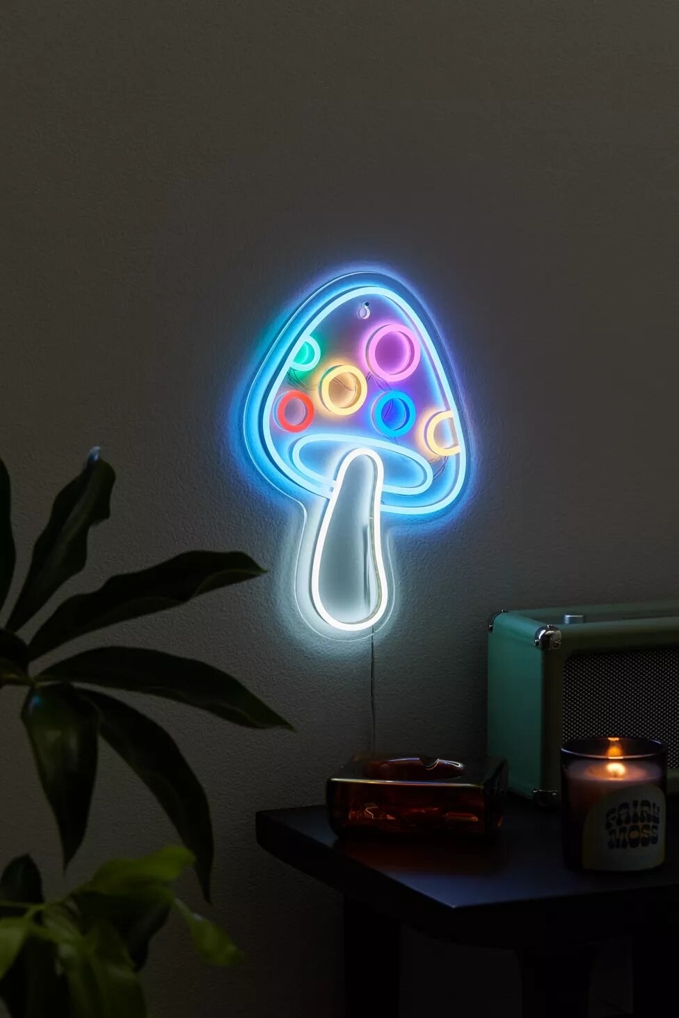 an LED mushroom light on a wall