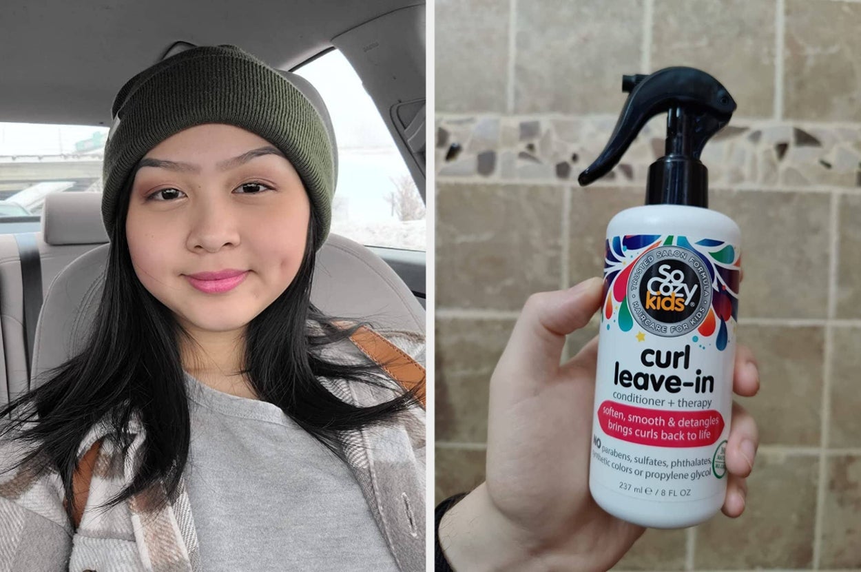 on left: reviewer wearing green satin-lined beanie. on right: reviewer holding bottle of SoCozyKids curl leave-in spray
