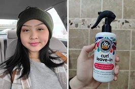 on left: reviewer wearing green satin-lined beanie. on right: reviewer holding bottle of SoCozyKids curl leave-in spray