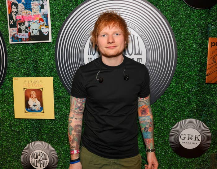 A close-up of Ed standing in front of a grass wall decorated with records