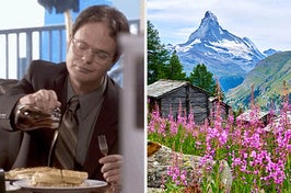 On the left, Dwight from The Office pouring syrup on waffles, and on the right, flowers blooming near the Matterhorn in Switzerland