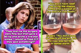 Rachel from "Friends;" Two people clinking wine glasses full of rosé