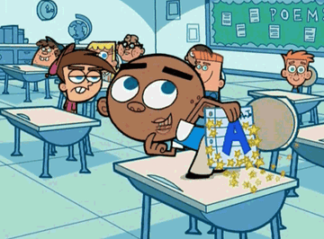 Gif of AJ from The Fairly Oddparents slapping his butt with a paper that says &quot;A+&quot; and has gold stars all over it