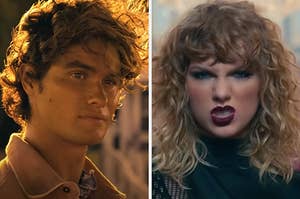 On the left, John B from Outer Banks, and on the right, Taylor Swift in the Look What You Made Me Do music video