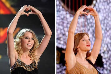 Taylor Swift holding up a heart hand sign during her Eras tour