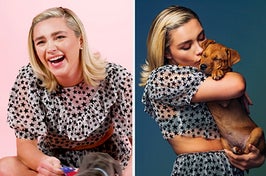 Florence Pugh laughing and playing with puppies