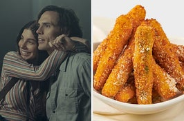 On the left, Camila and Billy from Daisy Jones and the Six cuddling, and on the right, some fried zucchini from the Cheesecake Factory