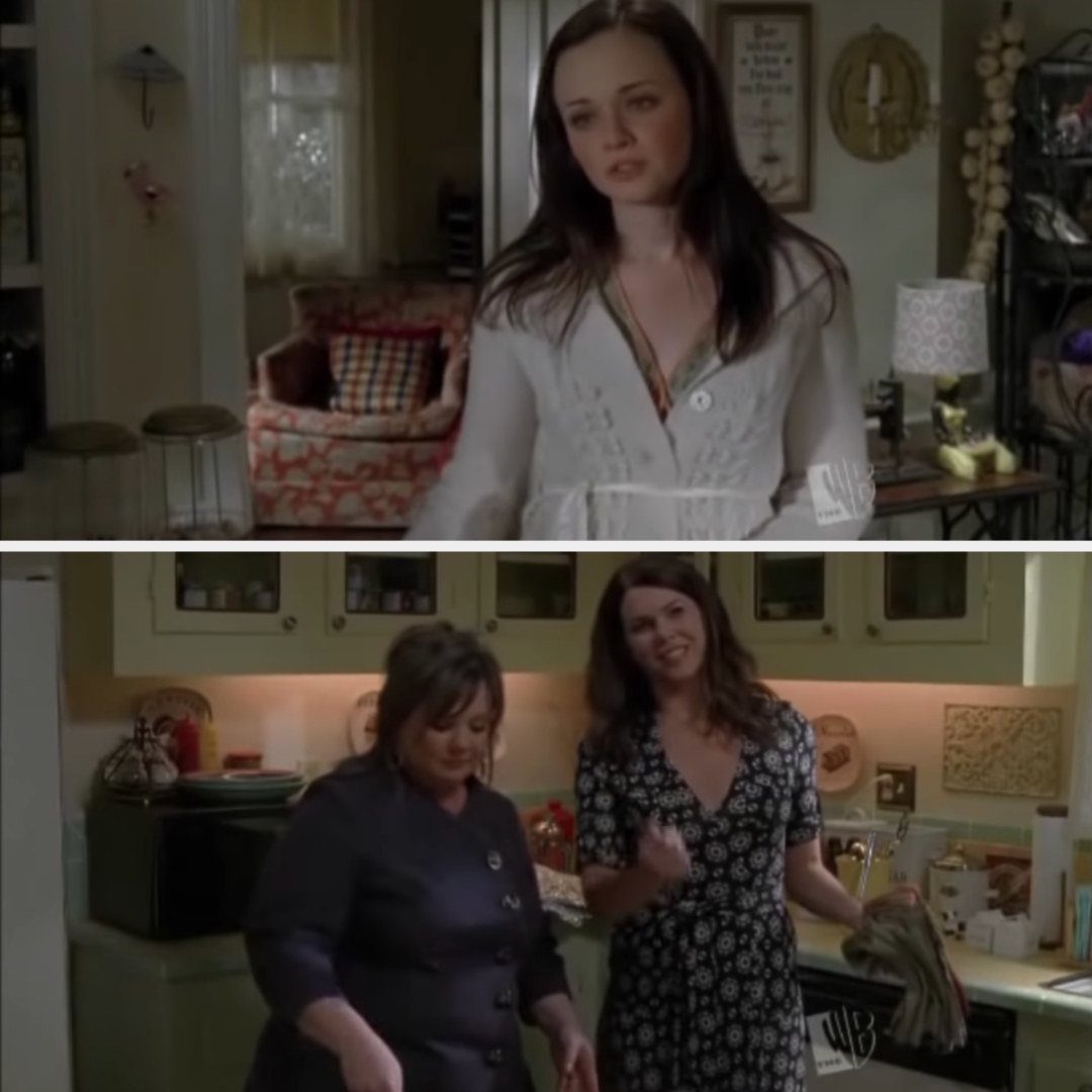 Rory in the living room and Lorelai and Sookie in the kitchen
