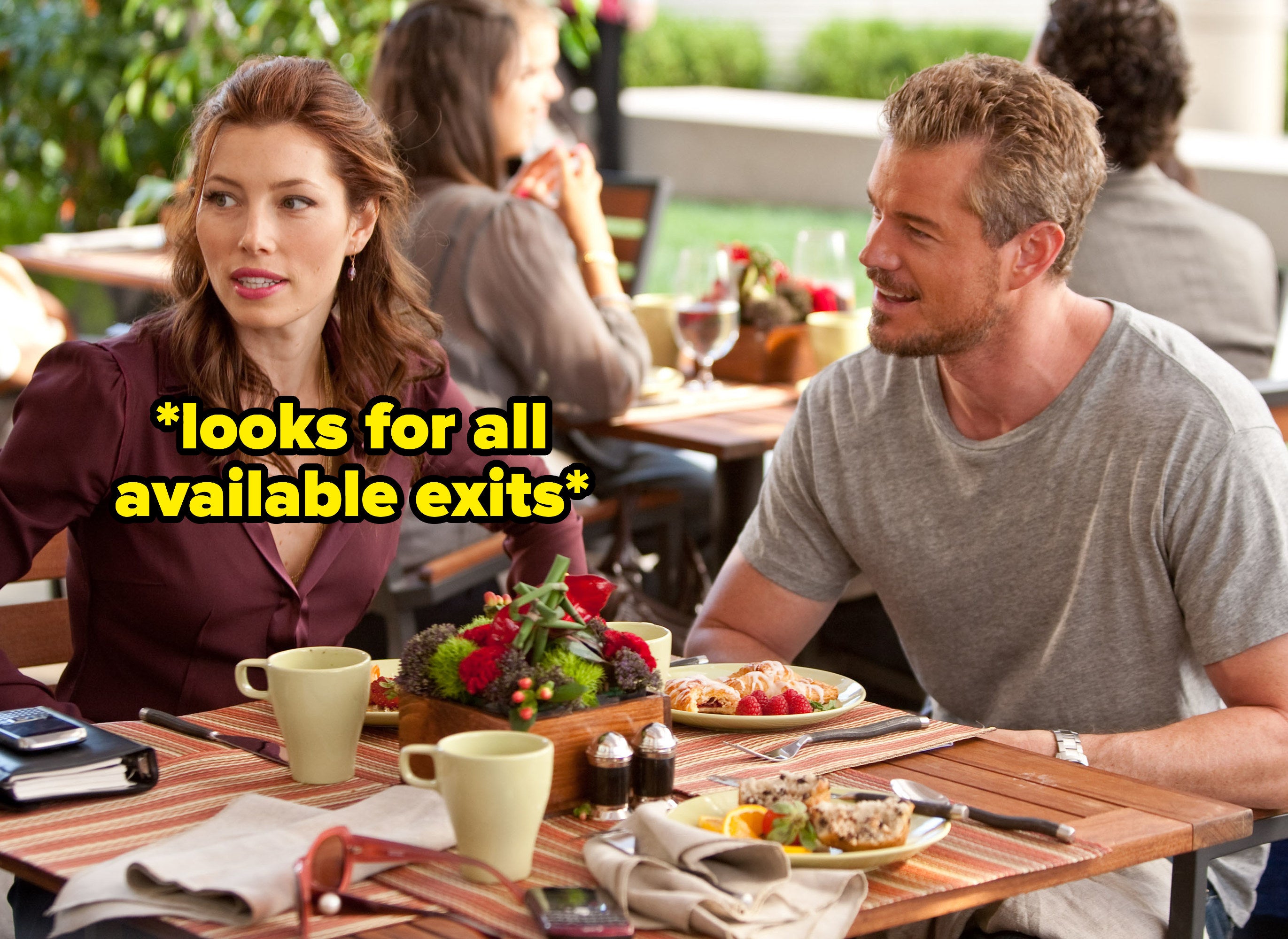 couple having lunch and woman looking away with text, looks for all available exists