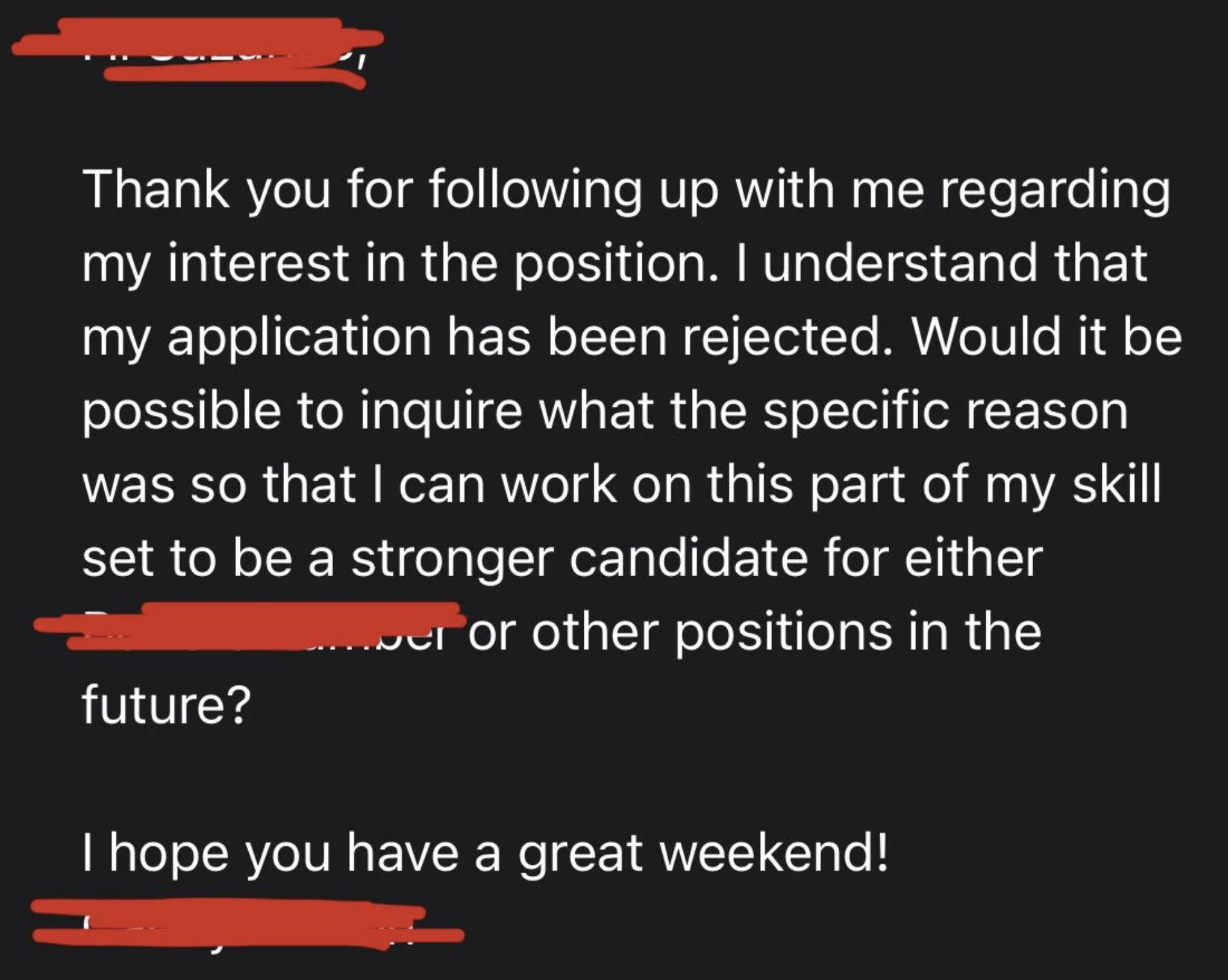Screenshot of an email asking why someone didn&#x27;t get a job