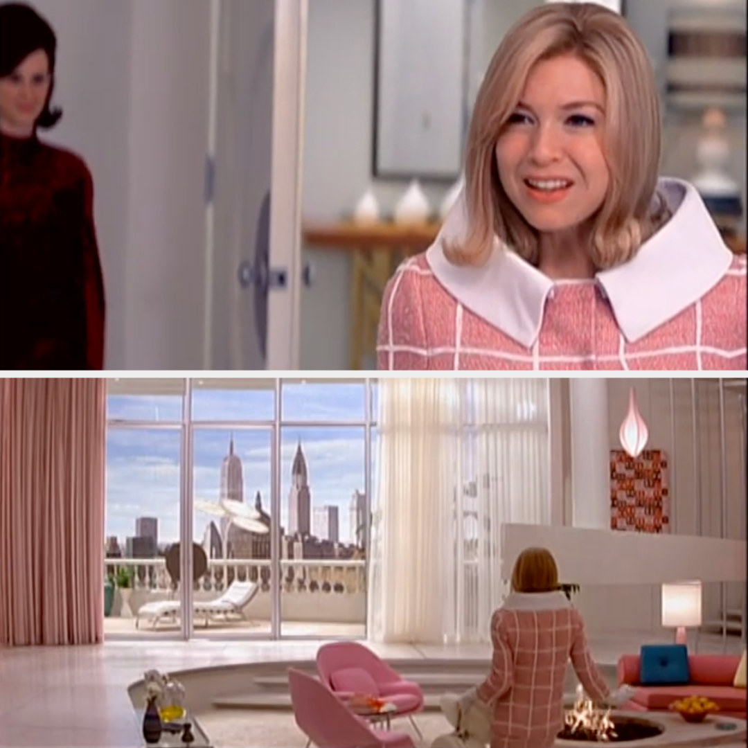 Rene Zellweger in a pink and white mod apartment