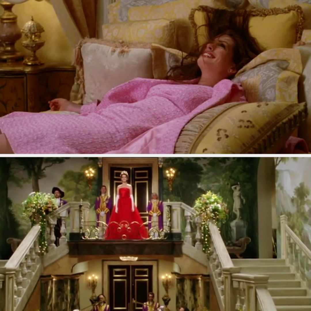 Anne Hathaway in her bedroom and at the top of the stairs making an entrance