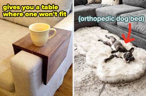 custom tray that fits on a sofa arm, dog laying on faux sheepskin dog bed