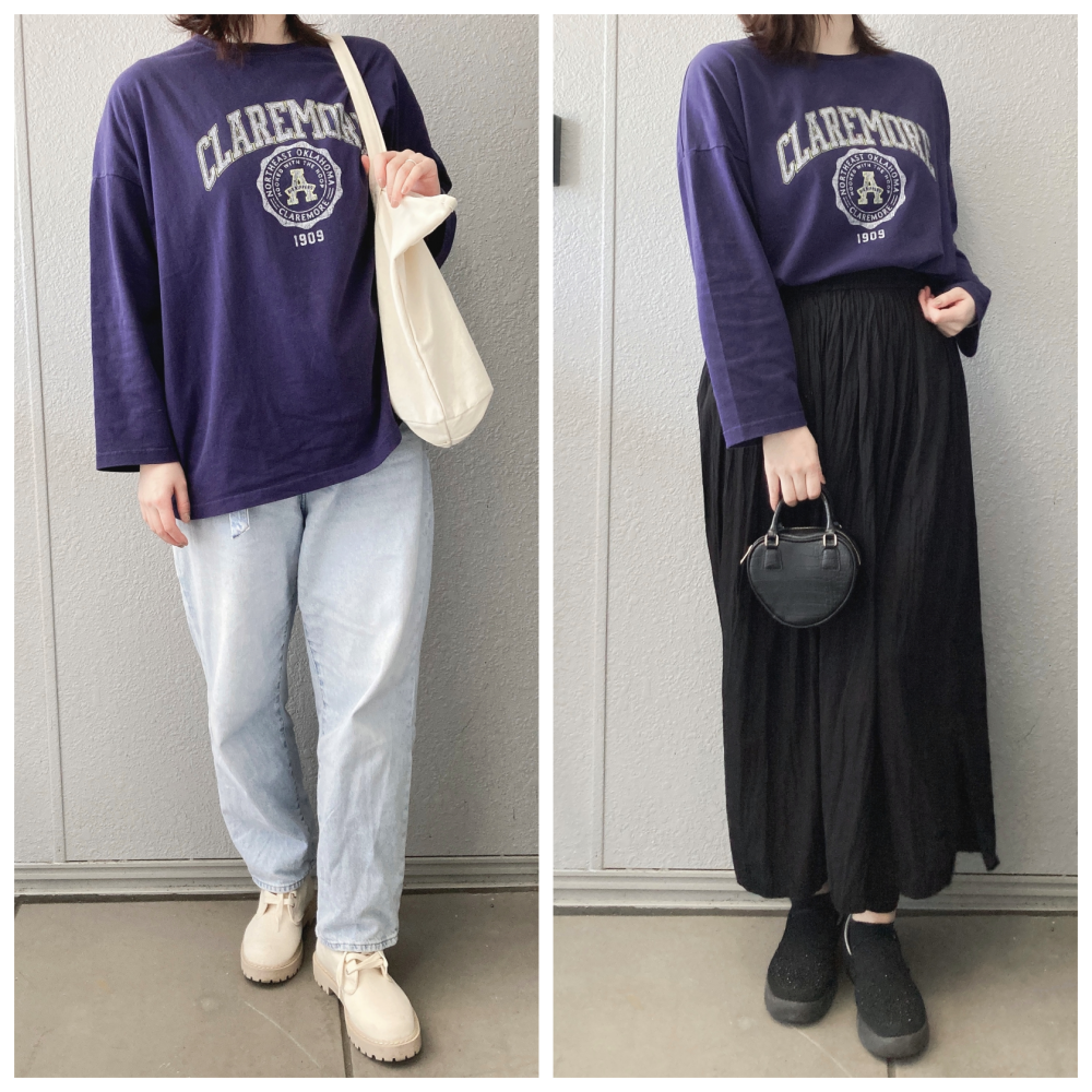 niko and…(ニコアンド)のおすすめのレディースアイテム「BIGシルエットロゴロンTEE」のコーディネート