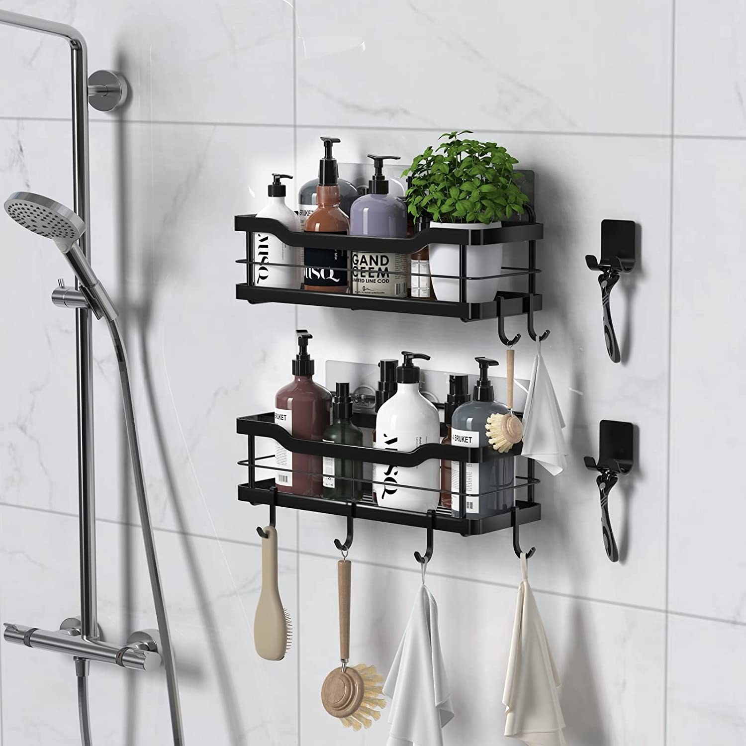 The black shower shelves are shown