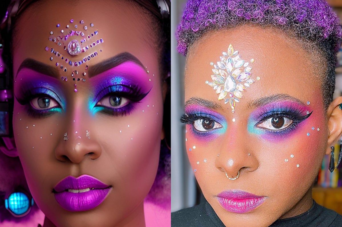 Fashionable Young Woman with Creative Makeup Wearing Futuristic