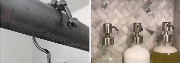 double sided shower hook, clear soap pumps in a tower surround