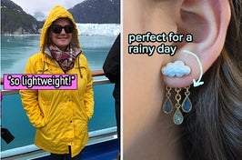 to the left: a reviewer in a yellow raincoat, to the right: a model wearing an earring that looks like a cloud with raindrops hanging from it