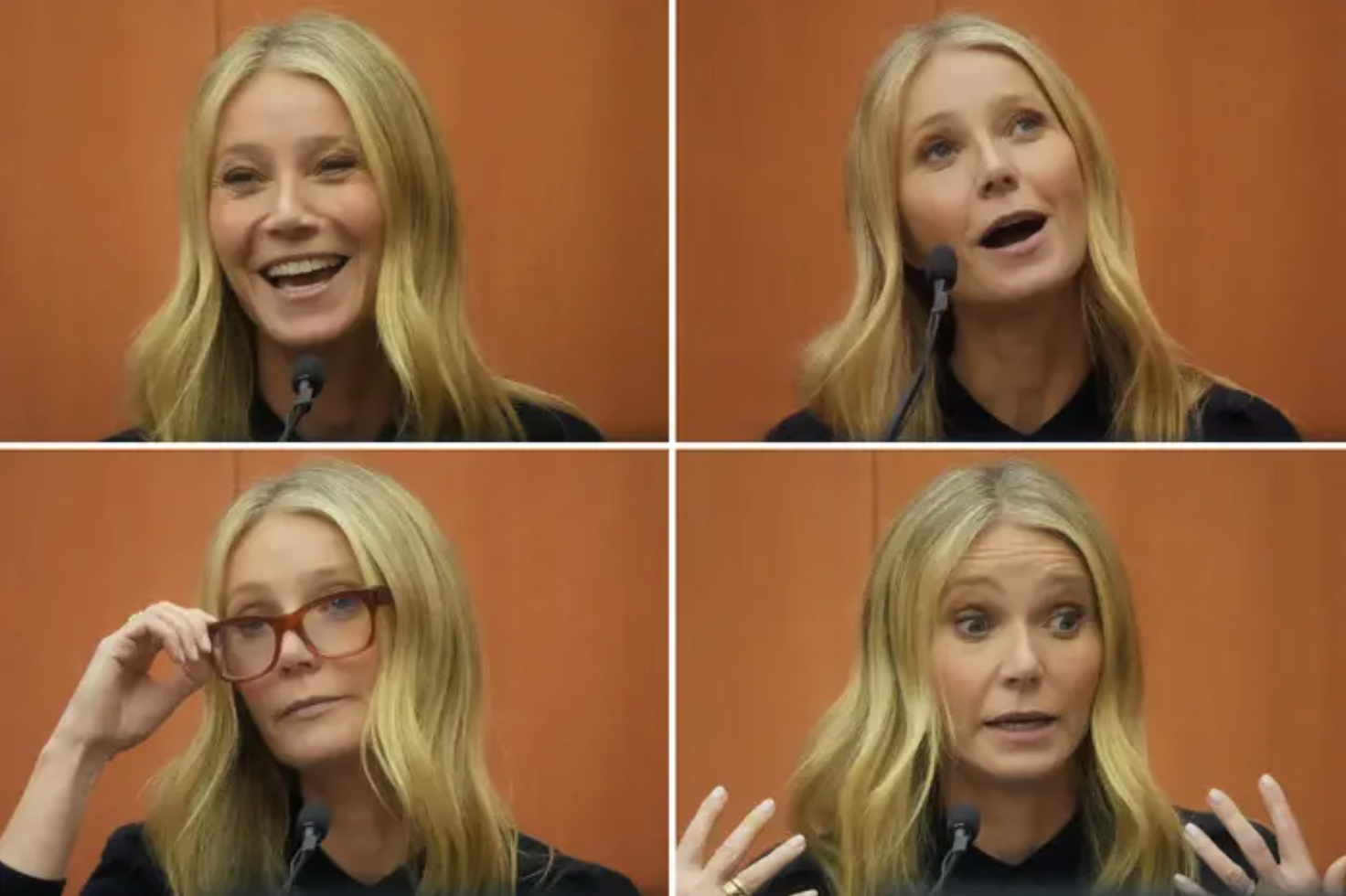 four quadrants of gwyneth paltrow testifying in court, looking alternately amused and exasperated