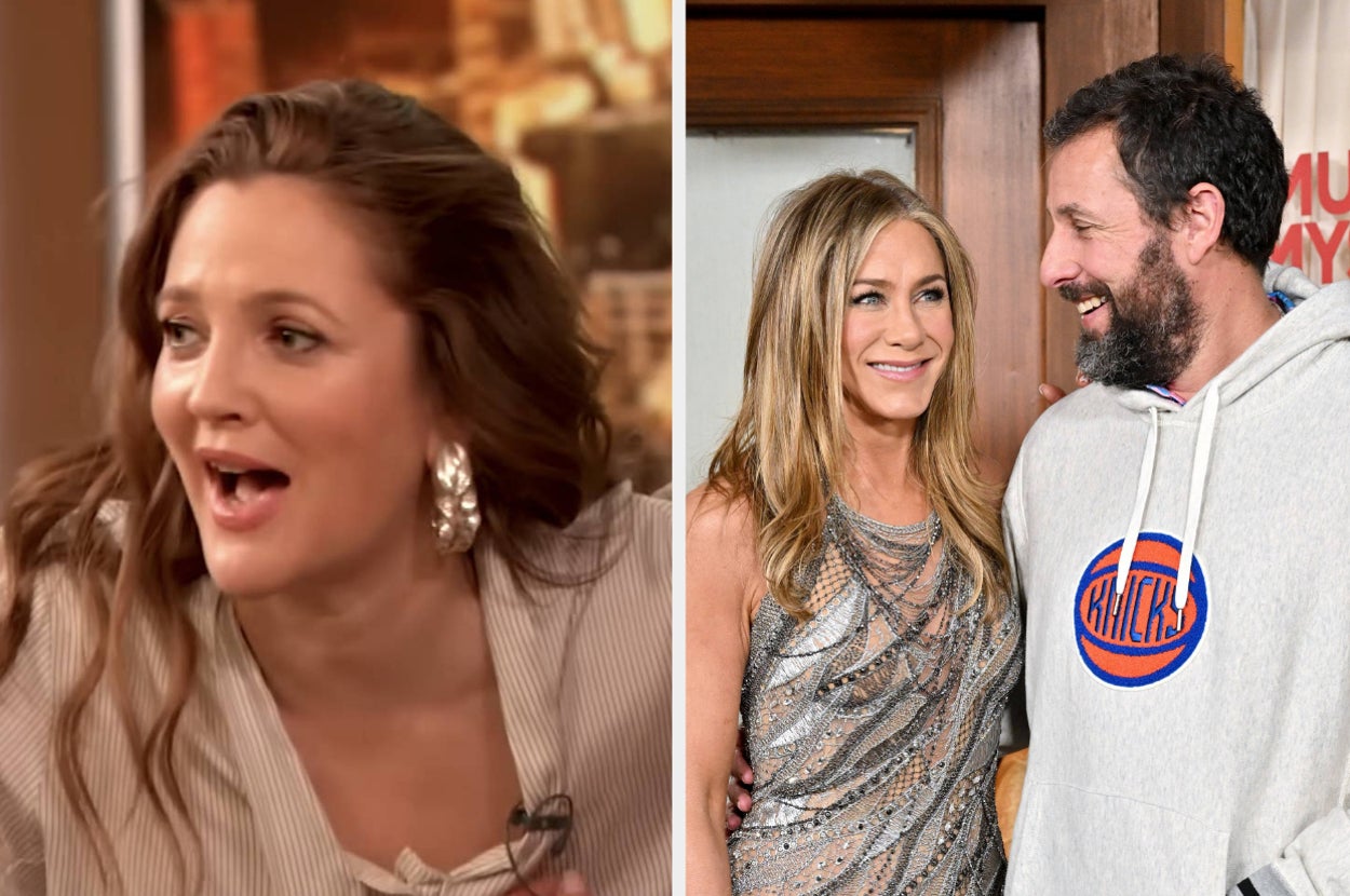 Drew Barrymore Is Being Called “Real And Genuine” After Documenting Her “First Perimenopause Hot Flash” On Live TV While Interviewing Jennifer Aniston And Adam Sandler