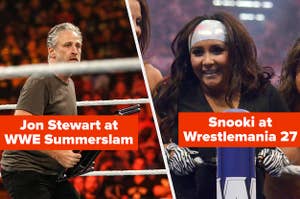 Jon Stewart gets into the action at WWE SummerSlam in 2015  / Trish Stratus, Nicole "Snooki" Polizzi and John Morrison during WrestleMania XXVII in 2011