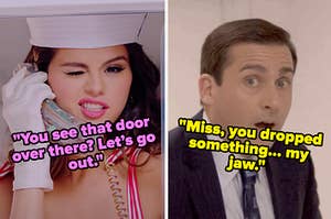 a side by side image of selena gomez winking and michael scott dropping his jaw