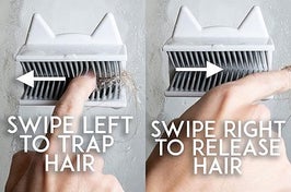 The cat shaped hair trap with bristles — swipe left to trap hair and right to release hair