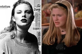 On the left, Taylor Swift on the Reputation album cover, and on the right, Cher from Clueless
