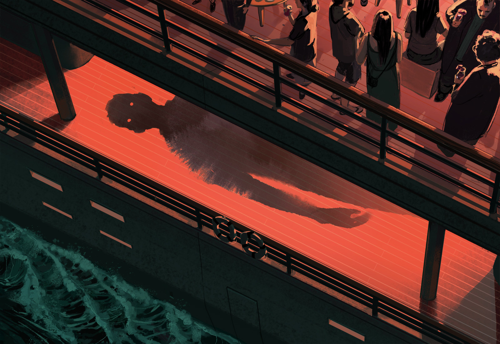 Illustration of a menacing shadow figure on a cruise ship deck