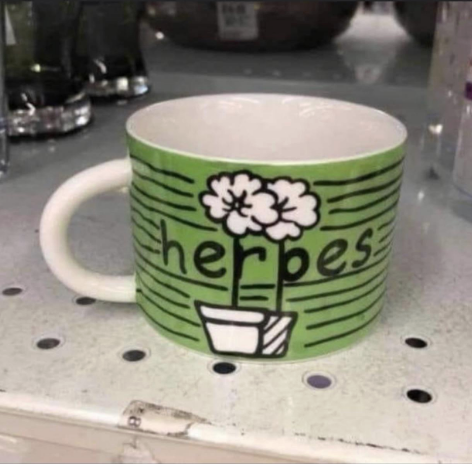 Coffee mug with two flowers in a pot, labeled "herpes" in playful font