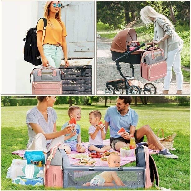 Women carry the bag and family has a picnic while baby uses the bassinet
