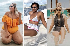 on left: reviewer in orange off-shoulder ruffle one-piece swimsuit. in middle: reviewer in white stripe bikini with red tassels. on right: reviewer in black-and-white halter plunge one-piece swimsuit