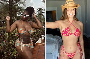 reviewer posing in three piece floral set and another reviewer wearing pink floral bikini with a cowboy hat