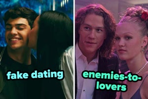 On the left, Lara Jean from To All the Boys kissing Peter on the cheek labeled fake dating, and on the right, Patrick and Kat from 10 Things I Hate About You at a school dance labeled enemies to lovers