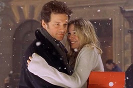 Mark and Bridget from Bridget Jones's Diary hugging as snow falls down around them
