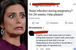 cringing woman next to a facebook post where someone suggests curing a yeast infection with garlic