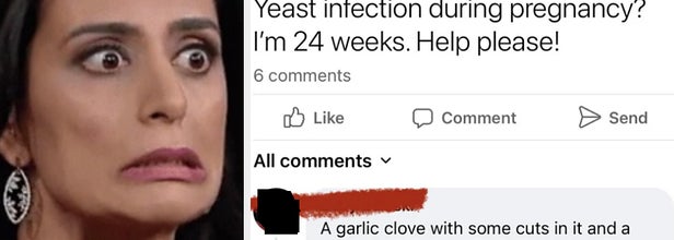 cringing woman next to a facebook post where someone suggests curing a yeast infection with garlic