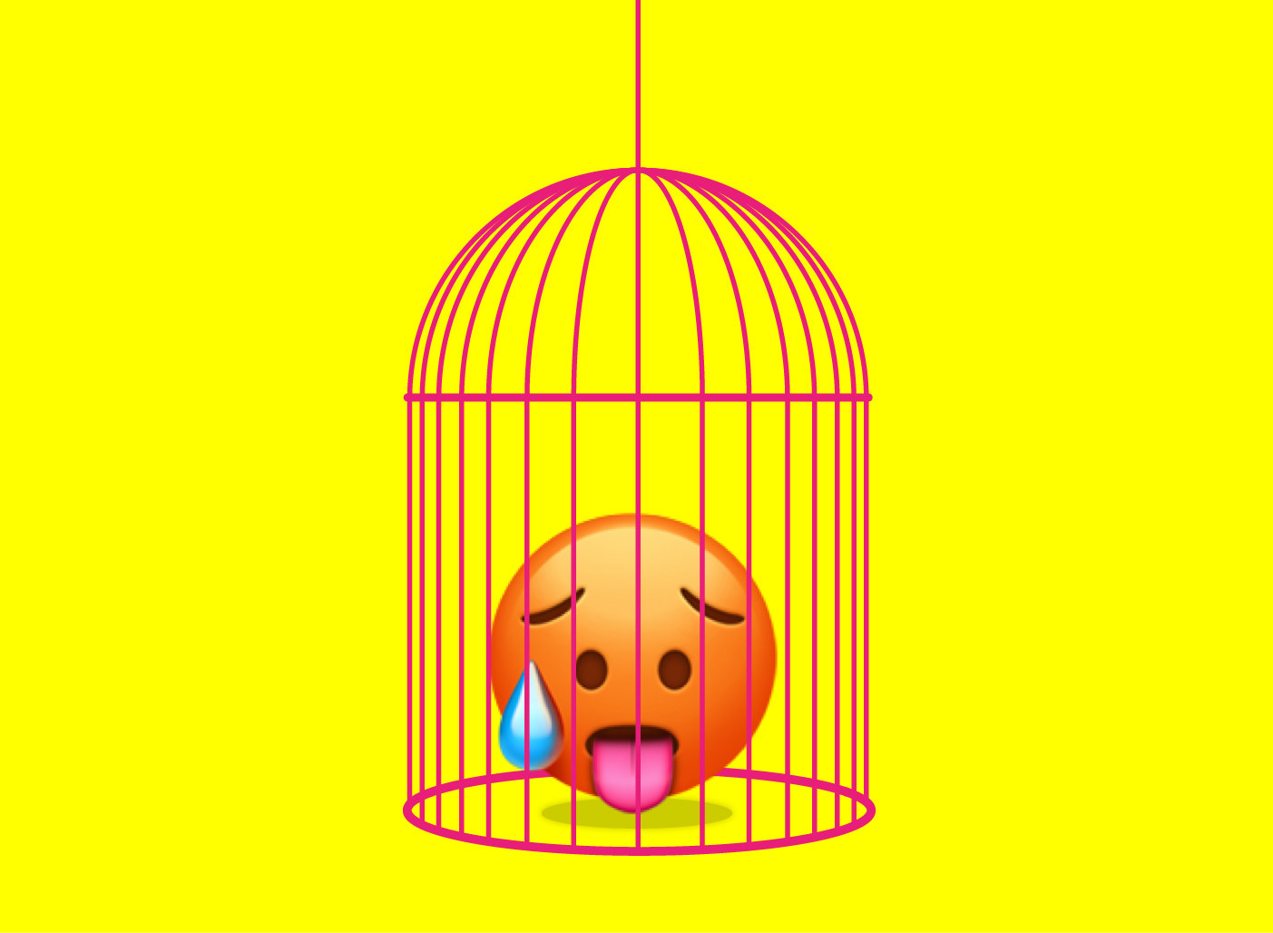 A sweating and panting emoji is trapped inside a bird cage