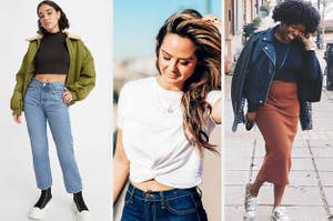 model in light wash levis; reviewer in white cropped tee; reviewer in rust-colored knit midi skirt