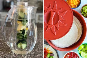 on the left an infusion water pitcher full of cucumbers, mint, and lemon, on the right a tortilla warmer