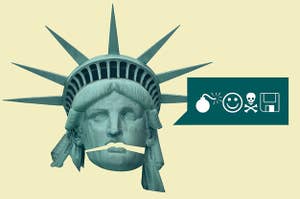 The statue of liberty's head with the mouth open and a speech bubble with symbols for a bomb, a smiley face, skull and crossbones, and a floppy disk