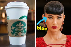 On the left, a Starbucks cup, and on the right, Megan Fox with an arrow pointing to her eye and blue typed next to it