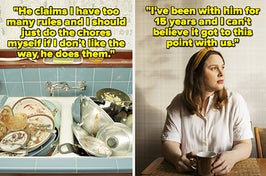 a pile of dishes vs a woman looking out the window