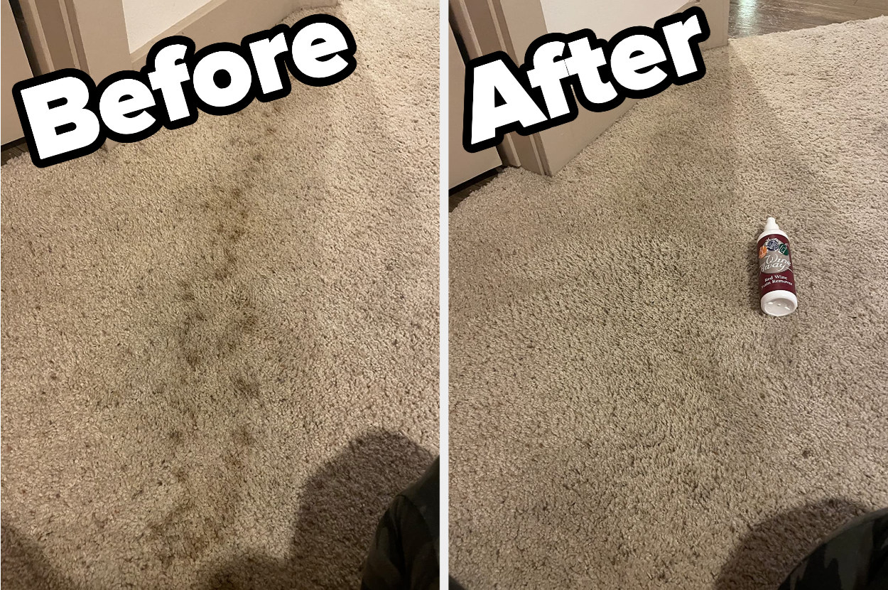 Reviewer&#x27;s carpet before and after photos showing a wine stain being removed