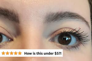A reviewer with no mascara on one eye, mascara on the other (with long, thick lashes) and five star text "how is this under $5!?"