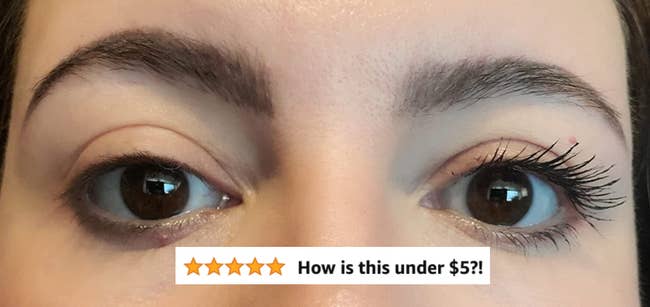 A reviewer with no mascara on one eye, mascara on the other (with long, thick lashes) and five star text 